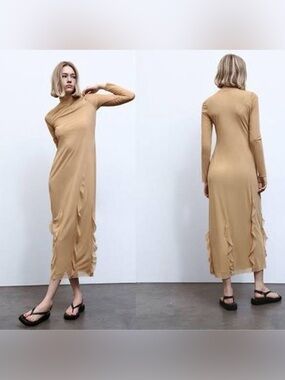 NWOT Zara Brown Mesh‎ Ruffle Maxi Dress Small Sheer Layered Cocktail Dress